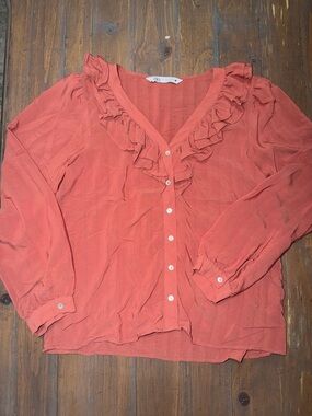 Zara Rust Ruffle V-Neck Button-Down Blouse